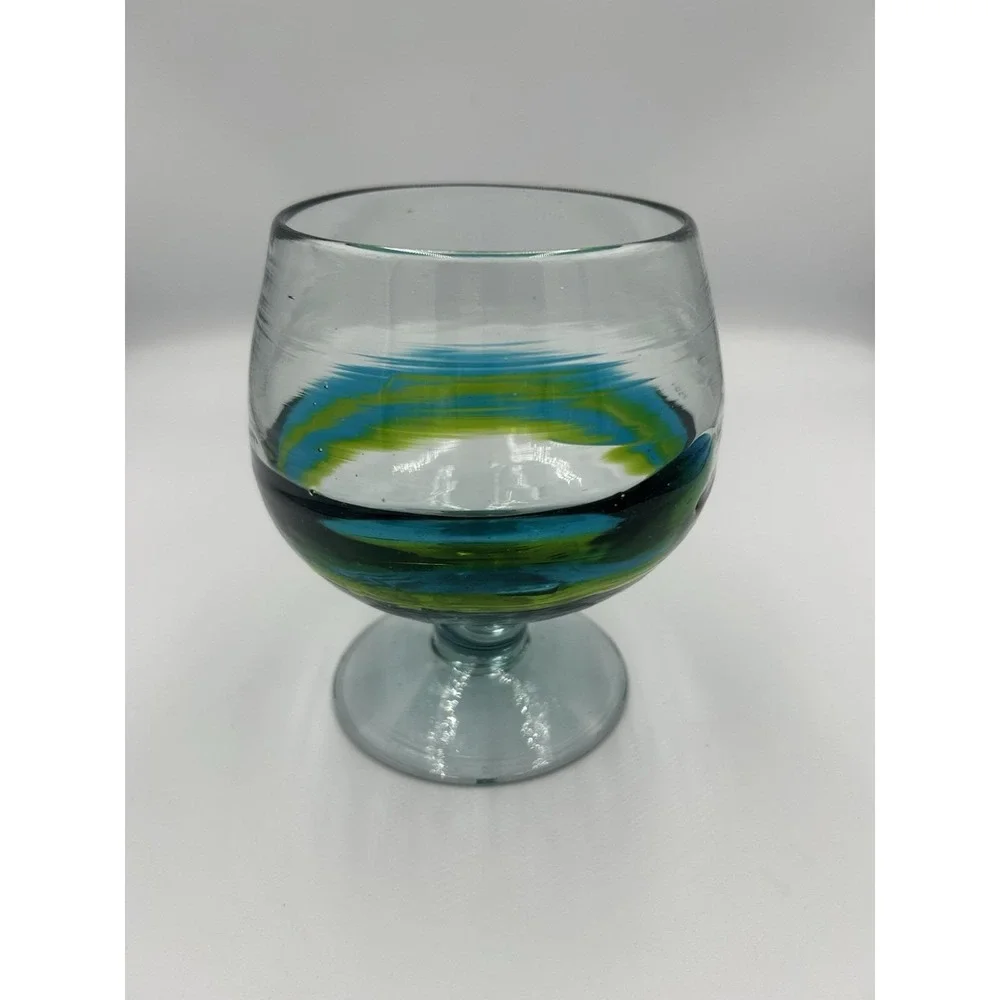 Mid Century Hand Blown Art Brandy type Glass  Blue and Green Decorative Swirl